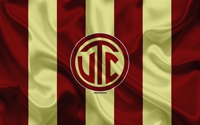 UTC Cajamarca FC, 4k, logo, silk texture, Peruvian football club, burgundy yellow flag, Peruvian Primera Division, Cajamarca, Peru, football, Universidad Tecnica de Cajamarca