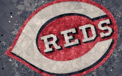 Reds de Cincinnati, 4k, American club de baseball, art g&#233;om&#233;trique, gris abstrait arri&#232;re-plan, la Ligue Nationale, la MLB, Cincinnati, Ohio, &#233;tats-unis, le baseball, Ligue Majeure de Baseball