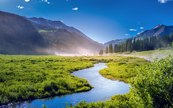ダウンロード画像 山の風景 4k 朝 霧 夏 山川 緑の芝生 森林 コロラド 米国 フリー のピクチャを無料デスクトップの壁紙