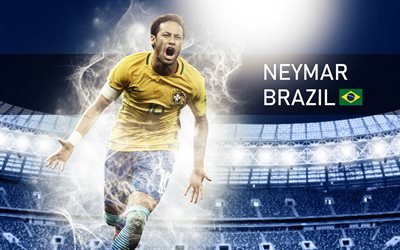 Neymar, 4K, Brasile&#241;o, jugador de f&#250;tbol, Brasil el equipo nacional de f&#250;tbol, el Capit&#225;n, Neymar da Silva Santos Junior, de la Copa del Mundo De 2018, Brasil