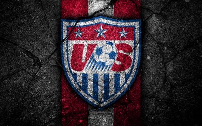 USA national football team, 4k, emblem, CONCACAF, grunge, North America, asphalt texture, soccer, USA, logo, North American national teams, black stone, American football team