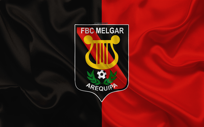 FBC Melgar, 4k, logo, textura de seda, Peruana de futebol do clube, vermelho bandeira branca, Peruano Primera Divis&#227;o, Arequipa, Peru, futebol