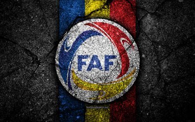 Andorran football team, 4k, emblem, UEFA, Europe, football, asphalt texture, soccer, Andorra, European national football teams, Andorra national football team