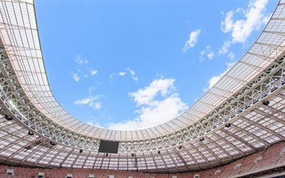 El Estadio de Luzhniki, cubierta, cielo azul, tribunas, Mosc&#250;, Rusia 2018, El Campeonato del Mundo de 2018 2018 Copa Mundial de la FIFA
