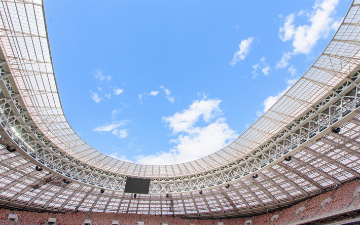 Stadio Luzhniki, il coperchio, il cielo blu, le tribune, Mosca, Russia 2018, Campionato del Mondo 2018, 2018 della Coppa del Mondo FIFA