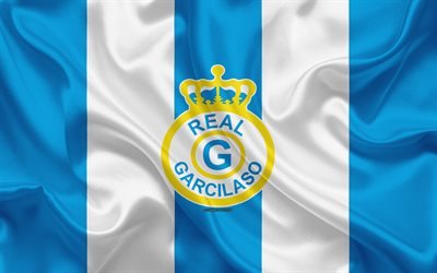 Real Garcilaso FC, 4k, logo, textura de seda, Peruana de futebol do clube, azul bandeira branca, Peruano Primera Divis&#227;o, Cusco, Peru, futebol Associaci&#243;n Civil Real Atl&#233;tico Garcilaso