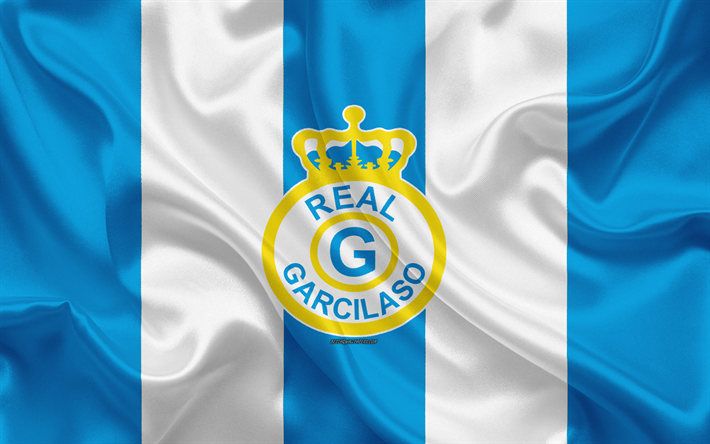 Real Garcilaso FC, 4k, logo, seta, texture, Peruviana football club, blu, bianco, bandiera, Per&#249; Primera Division, Cusco, Per&#249;, calcio Asociacion Civil Atletico Real Garcilaso