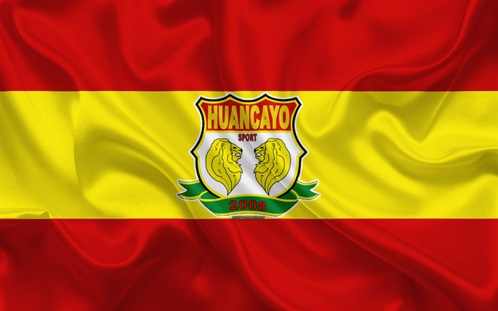 CD Sport Huancayo, 4k, logo, soie, texture, P&#233;ruviens, club de football, rouge, jaune drapeau P&#233;ruvien de Primera Division, Huancayo, P&#233;rou, football