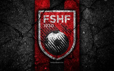 Albanian football team, 4k, emblem, UEFA, Europe, football, asphalt texture, soccer, Albania, European national football teams, Albania national football team