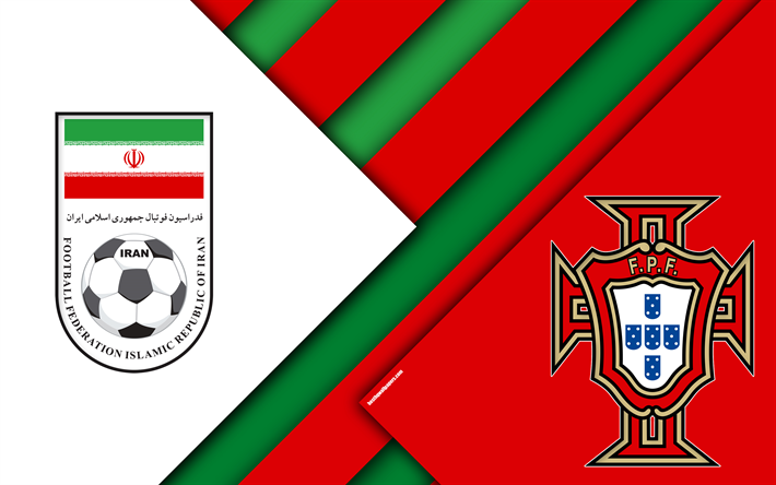 Iran vs Portugal, partida de futebol, 4k, Copa do Mundo da FIFA de 2018, Grupo B, logotipos, design de material, abstra&#231;&#227;o, A r&#250;ssia 2018, futebol, equipas nacionais, arte criativa, promo