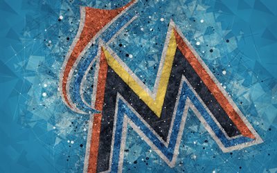 Miami Marlins, 4k, American baseball club, geometric art, blue abstract background, National League, MLB, Miami, Florida, USA, baseball, Major League Baseball