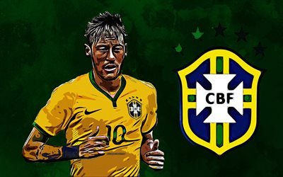 Neymar Jr, 4k, grunge-tyyliin, Brasilian jalkapallomaajoukkue, muotokuva, tunnus, logo, creative art, vihre&#228; grunge tausta, Brasilia