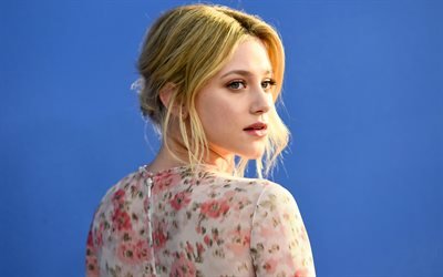 Lili Reinhart, 4k, photoshoot, american actress, hollywood, portrait, blue background, beautiful dress with flowers