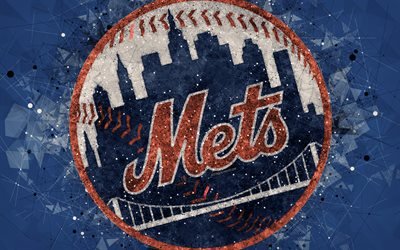 New York Mets, 4k, American baseball club, geometric art, blue abstract background, National League, MLB, New York, USA, baseball, Major League Baseball