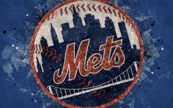 New York Mets, 4k, Amerikkalainen baseball club, geometrinen taide, sininen abstrakti tausta, National League, MLB, New York, USA, baseball, Major League Baseball