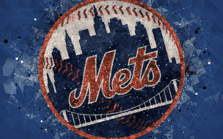 Mets de New York, 4k, American club de baseball, art g&#233;om&#233;trique, abstrait bleu fond, la Ligue Nationale, la MLB, New York, &#233;tats-unis, le baseball, Ligue Majeure de Baseball