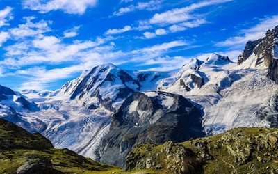 Alps, mountain landscape, glacier, summer, green grass, Switzerland