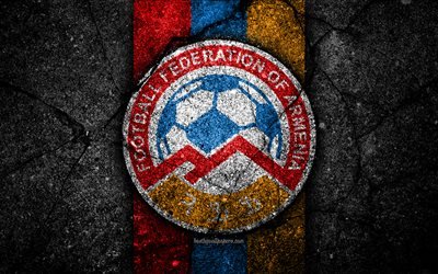 Armeniska fotboll, 4k, emblem, UEFA, Europa, fotboll, asfalt konsistens, Armenien, Europeiska nationella fotbollslag, Armenien landslaget