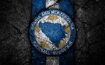Bosnien och Hercegovina fotboll, 4k, emblem, UEFA, Europa, fotboll, asfalt konsistens, Bosnien och Hercegovina, Europeiska nationella fotbollslag, Bosnien och Hercegovina landslaget