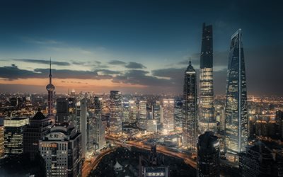 Shanghai, paesaggi notturni, grattacieli, edifici moderni, Cina, Asia