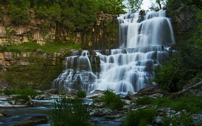 waterfall, rock, lake, evening, sunset, beautiful places, Earth, mountain waterfall