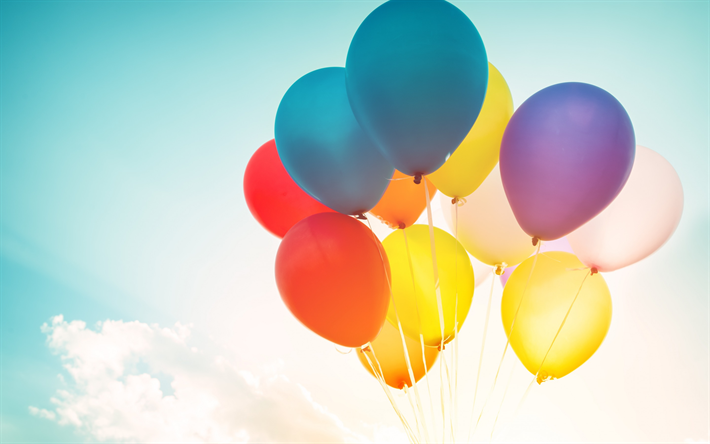 colorful balloons, evening, summer, blue sky, balloons