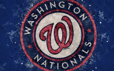 Washington nationals, 4k, American club de baseball, art g&#233;om&#233;trique, abstrait bleu fond, la Ligue Nationale, la MLB, Washington, &#233;tats-unis, le baseball, Ligue Majeure de Baseball