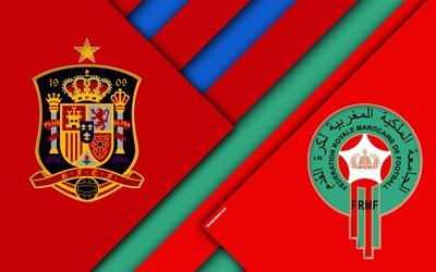 spanien vs marokko, fu&#223;ball-spiel, 4k, 2018 fifa world cup, gruppe b, logos, material, design, abstraktion, russland 2018, fu&#223;ball -, national-teams, kreative kunst, promo