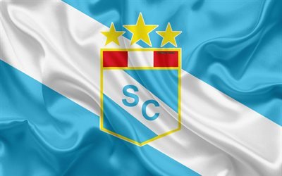 Sporting Cristal FC, 4k, logo, silkki tekstuuri, Perun football club, sininen valkoinen lippu, Perun Primera Division, Lima, Peru, jalkapallo