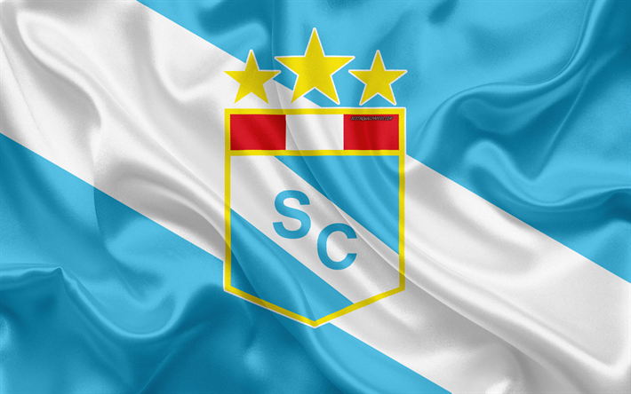 Sporting Cristal FC, 4k, logo, ipek doku, Peru Futbol Kul&#252;b&#252;, mavi beyaz bayrak, Peru, Lig, Lima, futbol