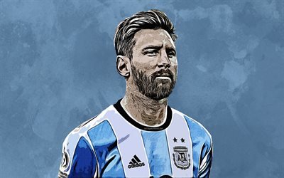 Lionel Messi, 4k, grunge stil, portr&#228;tt, Argentina i fotboll, kreativ konst, Argentinsk fotbollsspelare, bl&#229; grunge bakgrund, Argentina