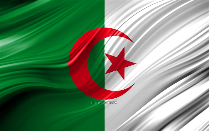Cezayir, ulusal semboller, Cezayir 3D bayrak, sanat, Afrika, Cezayir 4k, Cezayir bayrağı, Afrika &#252;lkeleri, 3D dalgalar Bayrağı