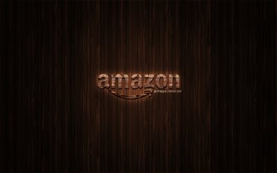 Amazon logo, logo ligneo, di legno, sfondo, Amazon, emblema, marche, arte
