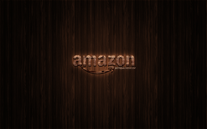 アマゾンのロゴ, 木製のロゴ, 木の背景, アマゾン, エンブレム, ブランド, 木美術