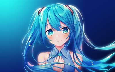 Hatsune Miku, 4k, Vocaloid Characters, blue background, artwork, Miku Hatsune, manga, Vocaloid