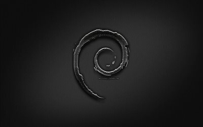 Debian black logo, creative, metal grid background, OS, Debian logo, brands, Debian