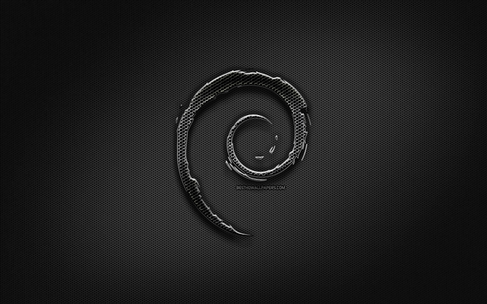 Debian-svart logo, kreativa, metalln&#228;t bakgrund, DEN, Debians logotyp, varum&#228;rken, Debian