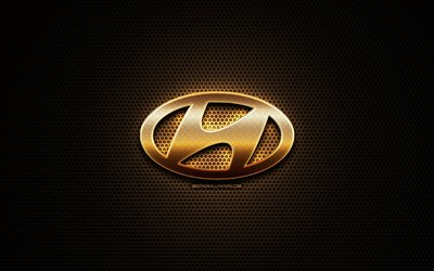 Hyundai logo glitter, vetture di marchi, creativo, griglia di metallo sfondo, logo Hyundai, marche, Hyundai