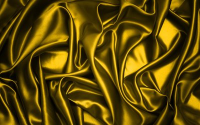 de soie jaune, 4k, jaune texture de tissu, la soie, le jaune d&#39;origines, de satin jaune, de tissus, de textures, de satin, de soie