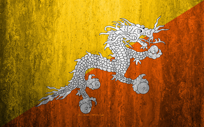 Flag of Bhutan, 4k, stone background, grunge flag, Asia, Bhutan flag, grunge art, national symbols, Bhutan, stone texture