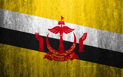 Bandiera del Brunei, 4k, pietra, sfondo, grunge, bandiera, Asia, Brunei bandiera, arte, simboli nazionali, Brunei, pietra texture