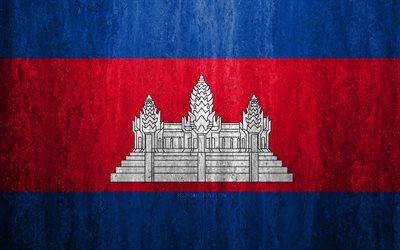 Bandeira do Camboja, 4k, pedra de fundo, grunge bandeira, &#193;sia, Camboja bandeira, grunge arte, s&#237;mbolos nacionais, Camboja, textura de pedra