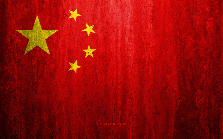 Lippu Kiina, 4k, kivi tausta, grunge lippu, Aasiassa, Kiinan lippu, grunge art, kansalliset symbolit, Kiina, kivi rakenne