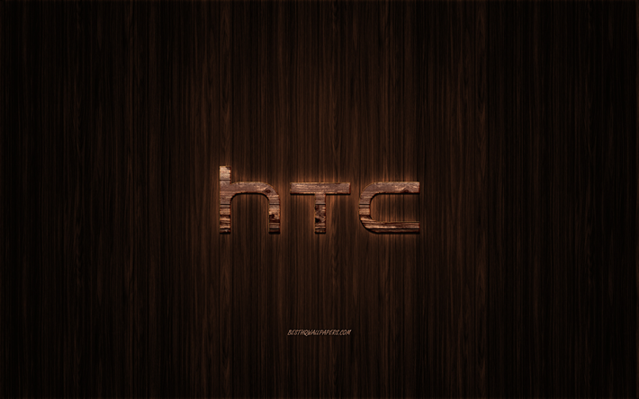 HTC logo, wooden logo, wooden background, HTC, emblem, brands, wooden art