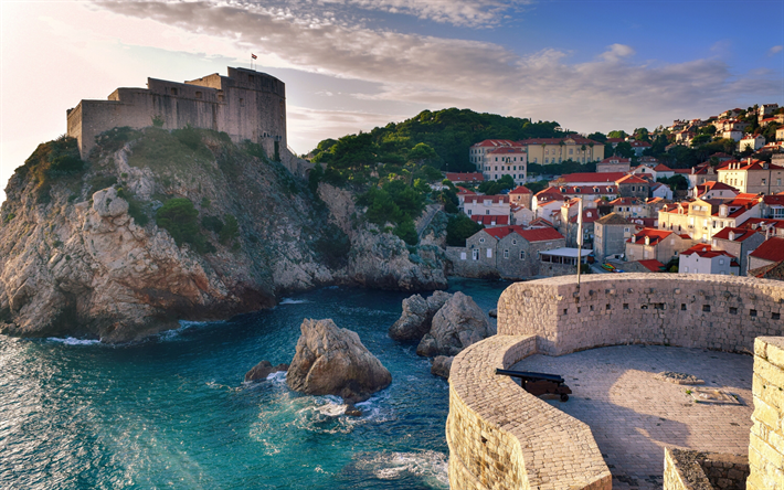 Dubrovnik, fortaleza, Cro&#225;cia, bay, p&#244;r do sol, noite, costa, Mar Adri&#225;tico, Mar Mediterr&#226;neo, resort, turismo, Dubrovnik paisagem urbana