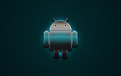 Android glitter logo, yaratıcı, mavi metal arka plan, Android logosu, marka, Android