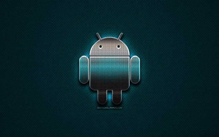 Android glitter logotipo, criativo, metal azul de fundo, Android logotipo, marcas, Android