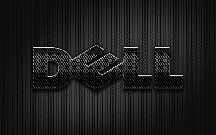 Dell black logo, creative, metal grid background, Dell logo, brands, Dell