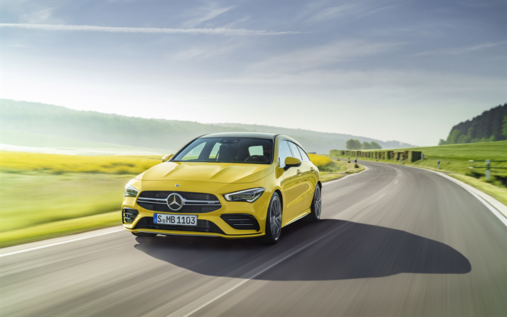 Mercedes-AMG CLA35 Shooting Brake, 2020, 4k, front view, yellow wagon, new yellow CLA35, exterior, German cars, Mercedes