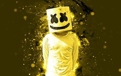 4k, DJ Marshmello, yellow neon-lampor, superstars, Christopher Comstock, konstverk, american DJ, fan art, Marshmello 4K, gul bakgrund, musik stj&#228;rnor, kreativa, Marshmello, Dj: s